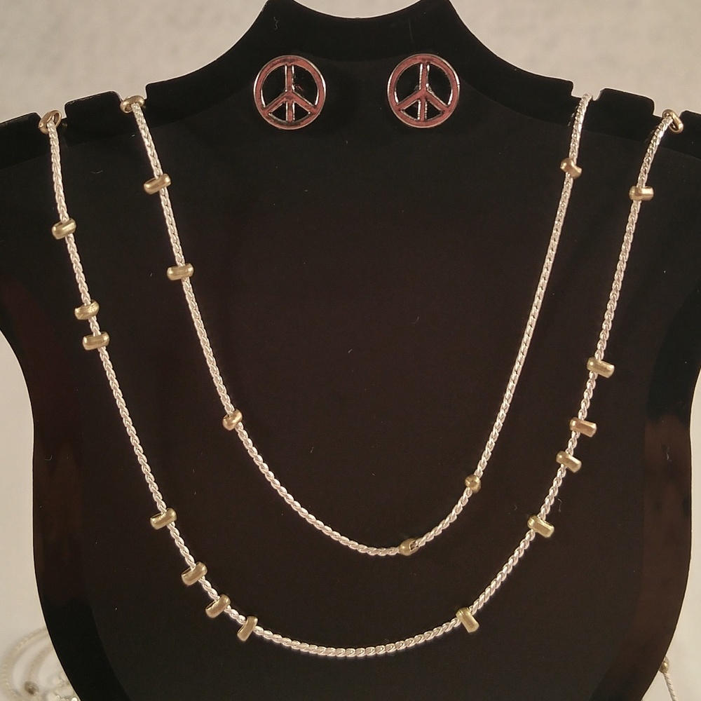 Necklace earring set gold silver long crimp peace